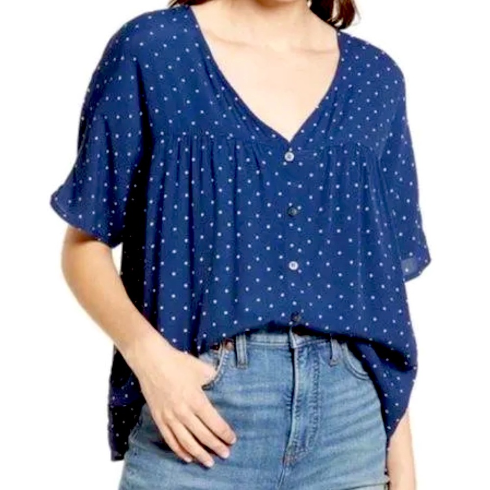 Madewell Oversized Navy Polka Dot Button Up Blouse Size L